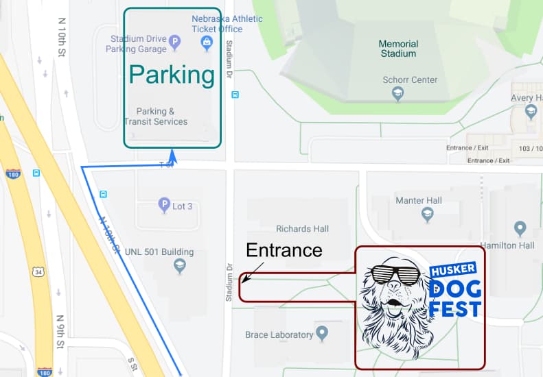 Map of UNL campus showing parking and area for Husker DogFest.