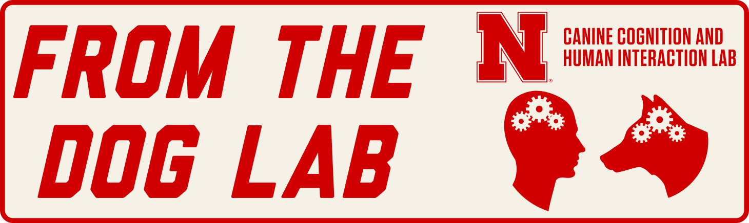 Header graphic that says 'From the Dog Lab' and Canine Cognition and Human Interation Lab with the logo that includes the silohettes of a person's head and a dog's head with cogs in them.